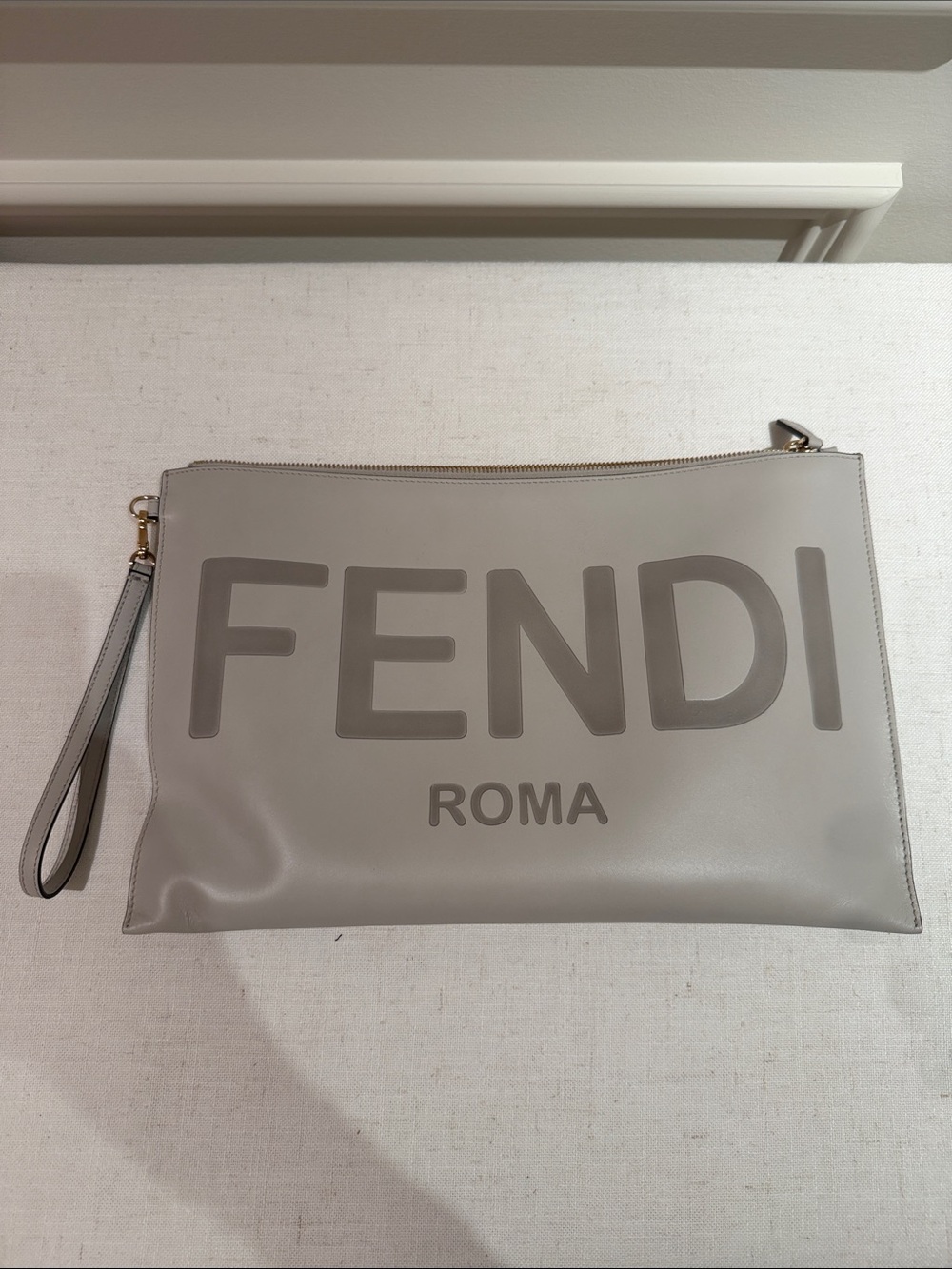 Fendi Gray ROMA Leather Wristlet Clutch
